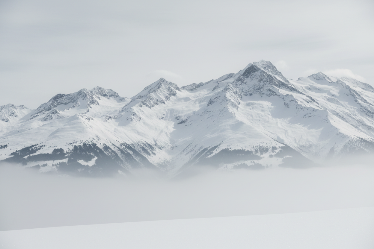 Snowy Alpine mountains in grey and white tones
